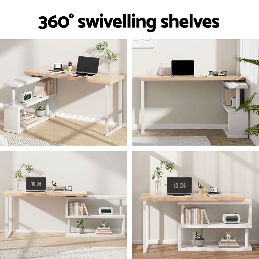 Artiss Rotary Corner Desk with Bookshelf - Brown & White