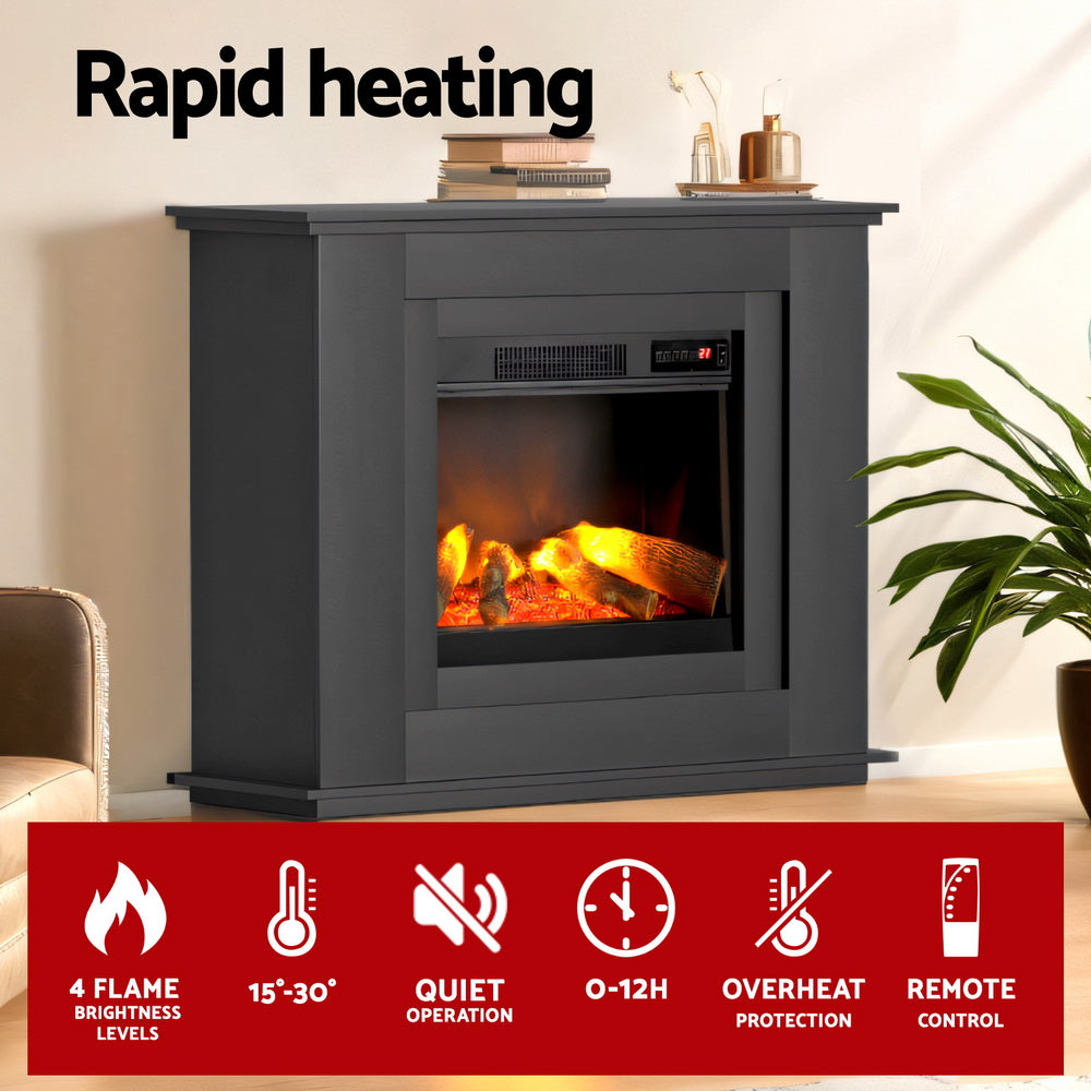 Devanti 2000W Electric Fireplace Mantle Portable Fire Log Wood Heater 3D Flame Effect Black