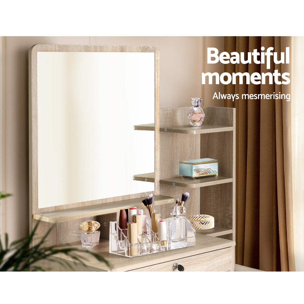 Artiss Dressing Table Mirror Stool Set Vanity Makeup Desk Organizer Drawer Oak