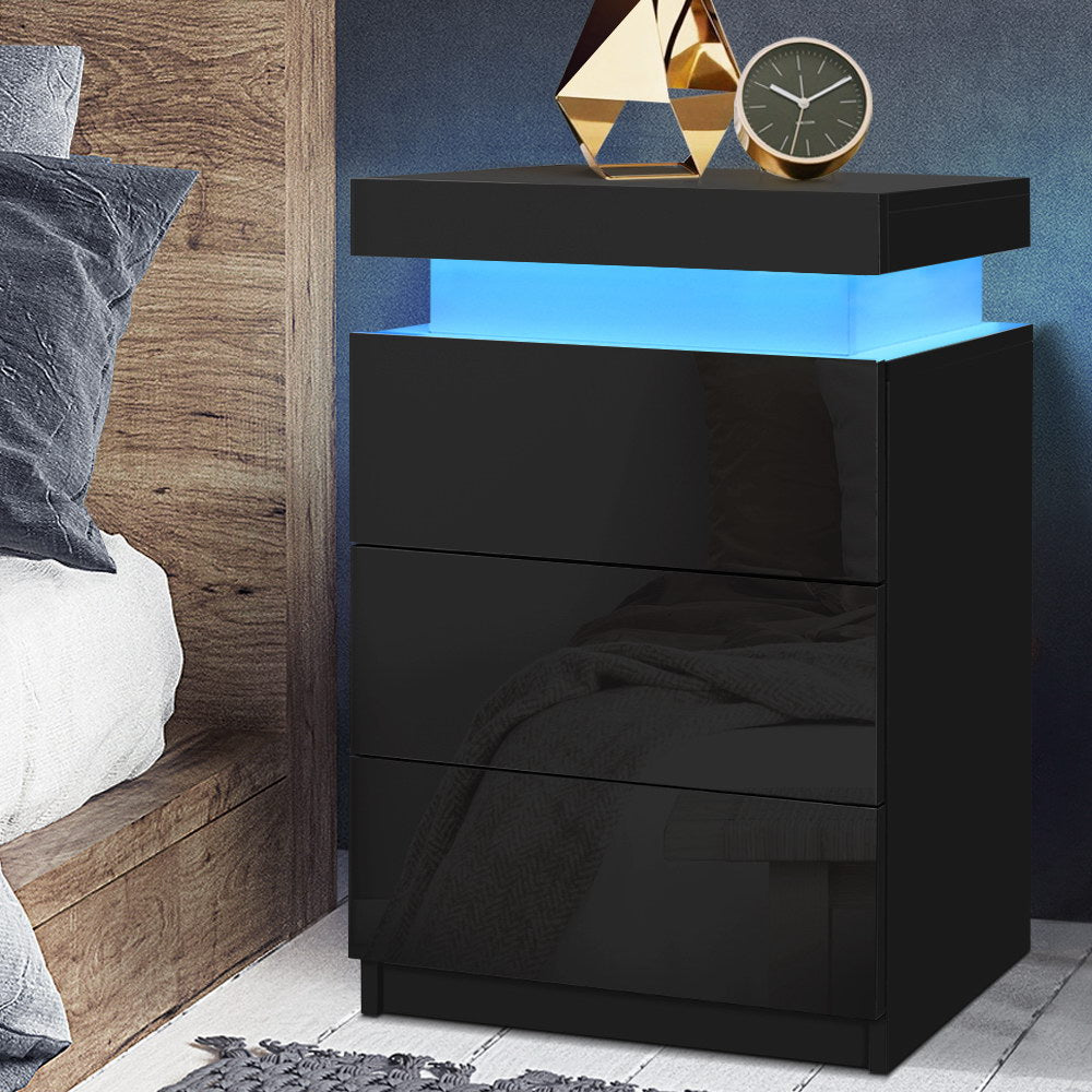 Artiss Bedside Tables Side Table 3 Drawers RGB LED High Gloss Nightstand Black