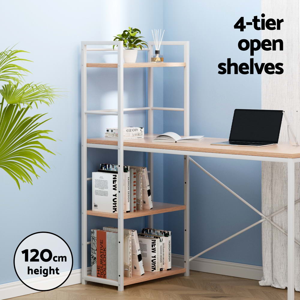 Artiss Metal Desk with Shelves - White with Oak Top