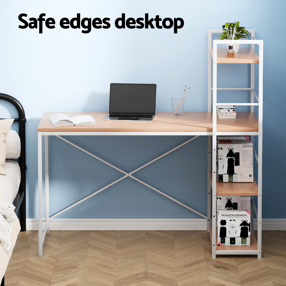 Artiss Metal Desk with Shelves - White with Oak Top