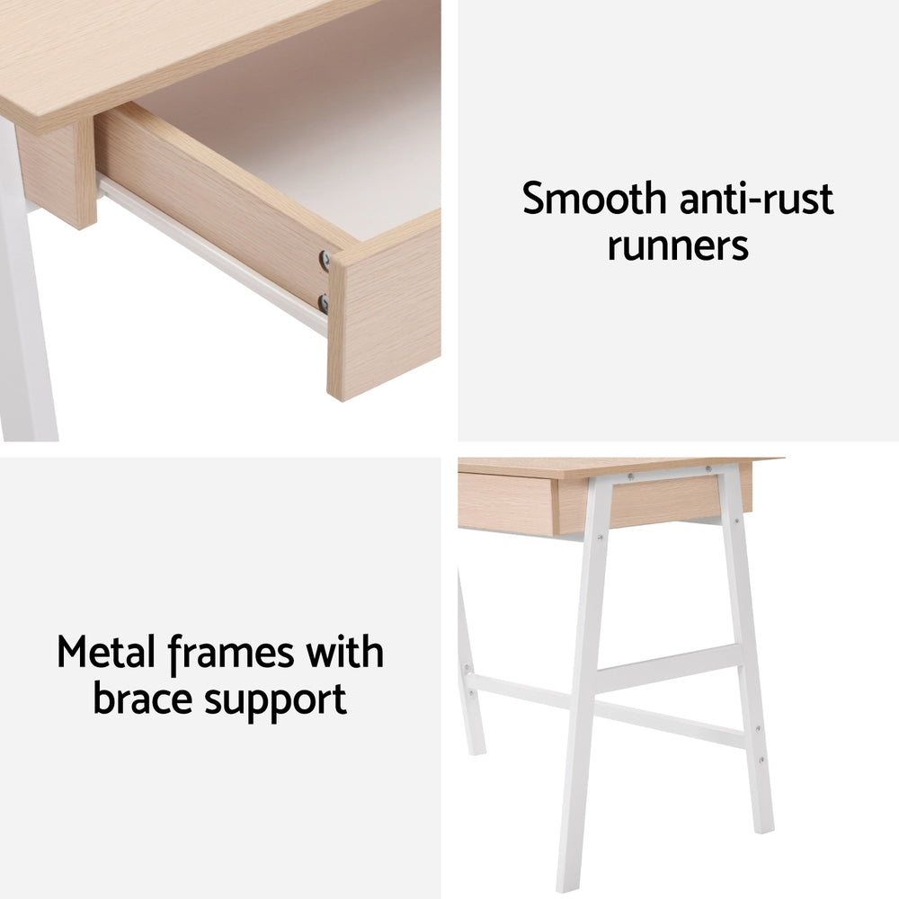 Artiss Metal Desk with Drawer - White with Oak Top