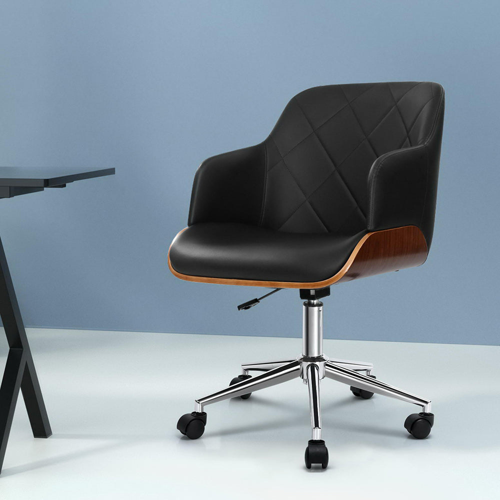 Artiss Wooden Office Chair Computer PU Leather Desk Chairs Executive Black Wood