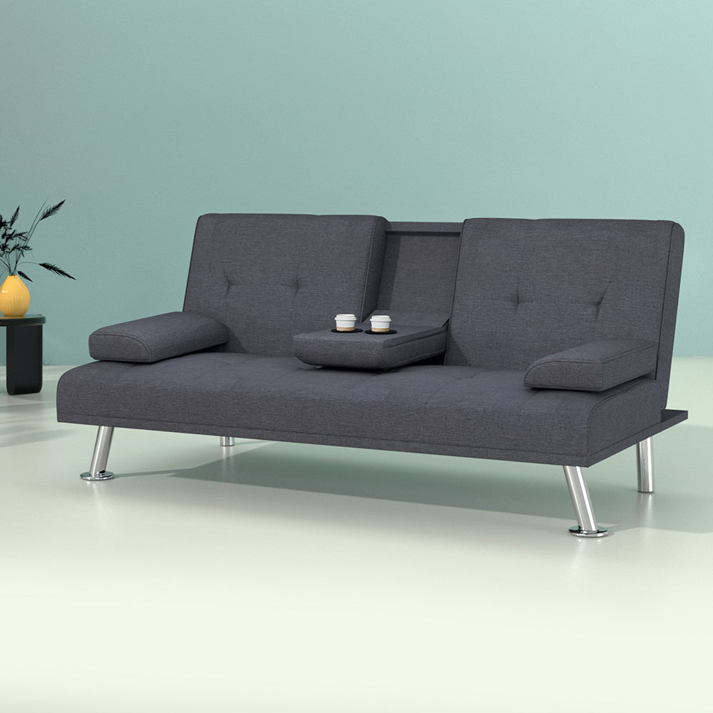 Artiss Linen Fabric 3 Seater Sofa Bed Recliner Lounge Couch Cup Holder Futon Dark Grey