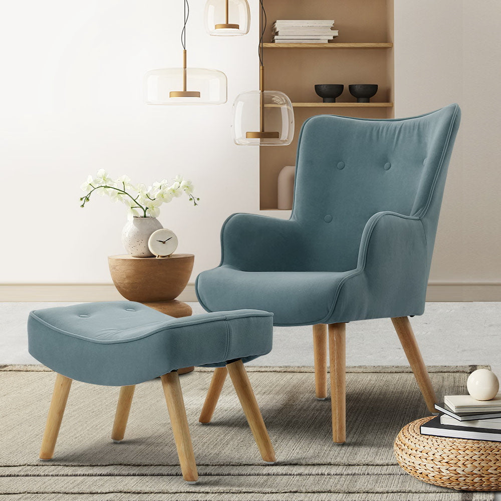 Artiss Armchair Lounge Chair Ottoman Accent Armchairs Sofa Fabric Chairs Blue