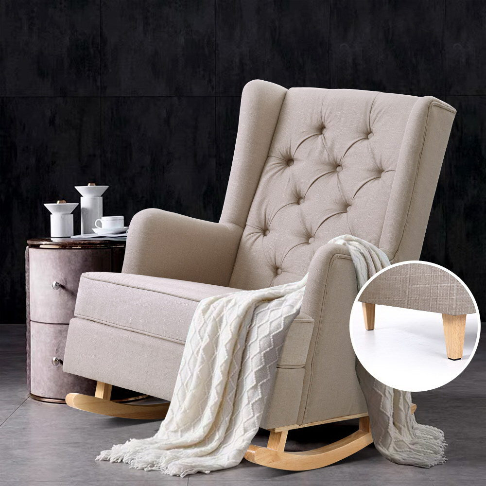 Artiss Rocking Armchair Feedining Chair Fabric Armchairs Lounge Recliner Beige