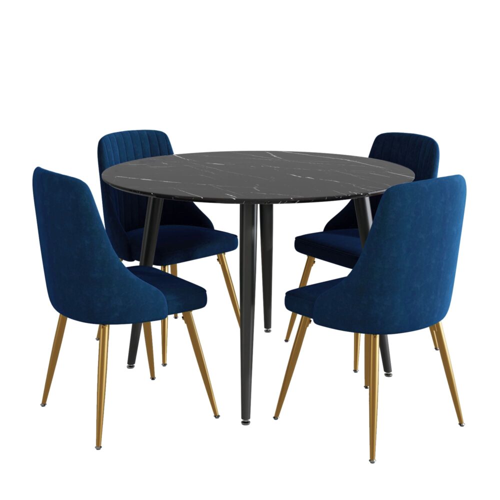 Black Round Dining Table and Chair Set Blue Velvet