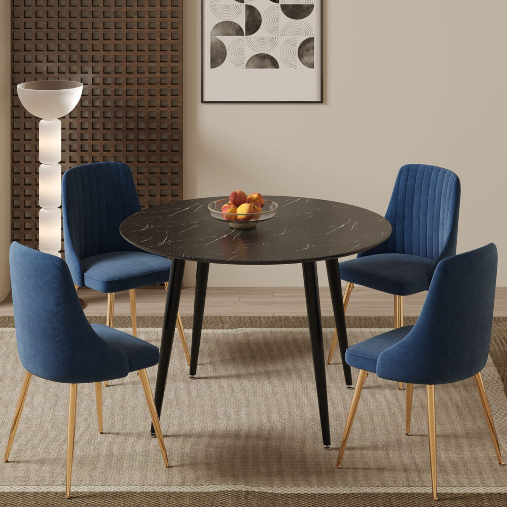 Black Round Dining Table and Chair Set Blue Velvet