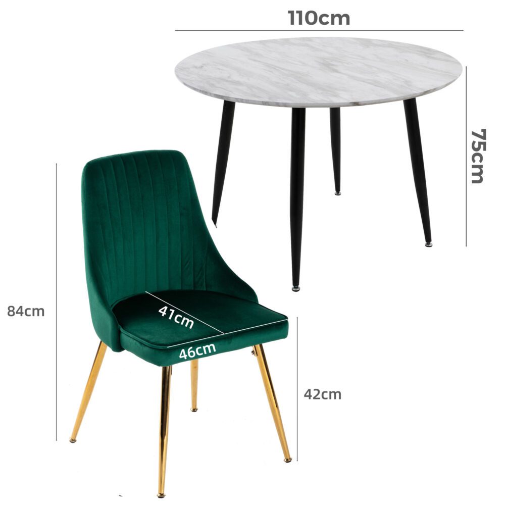 5PC Round Dining Table and Chair Set Green Velvet