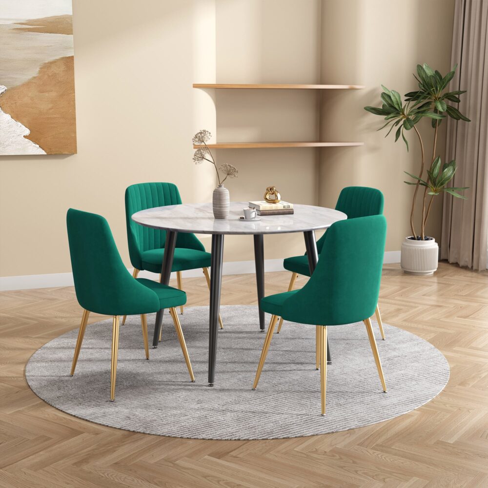 5PC Round Dining Table and Chair Set Green Velvet