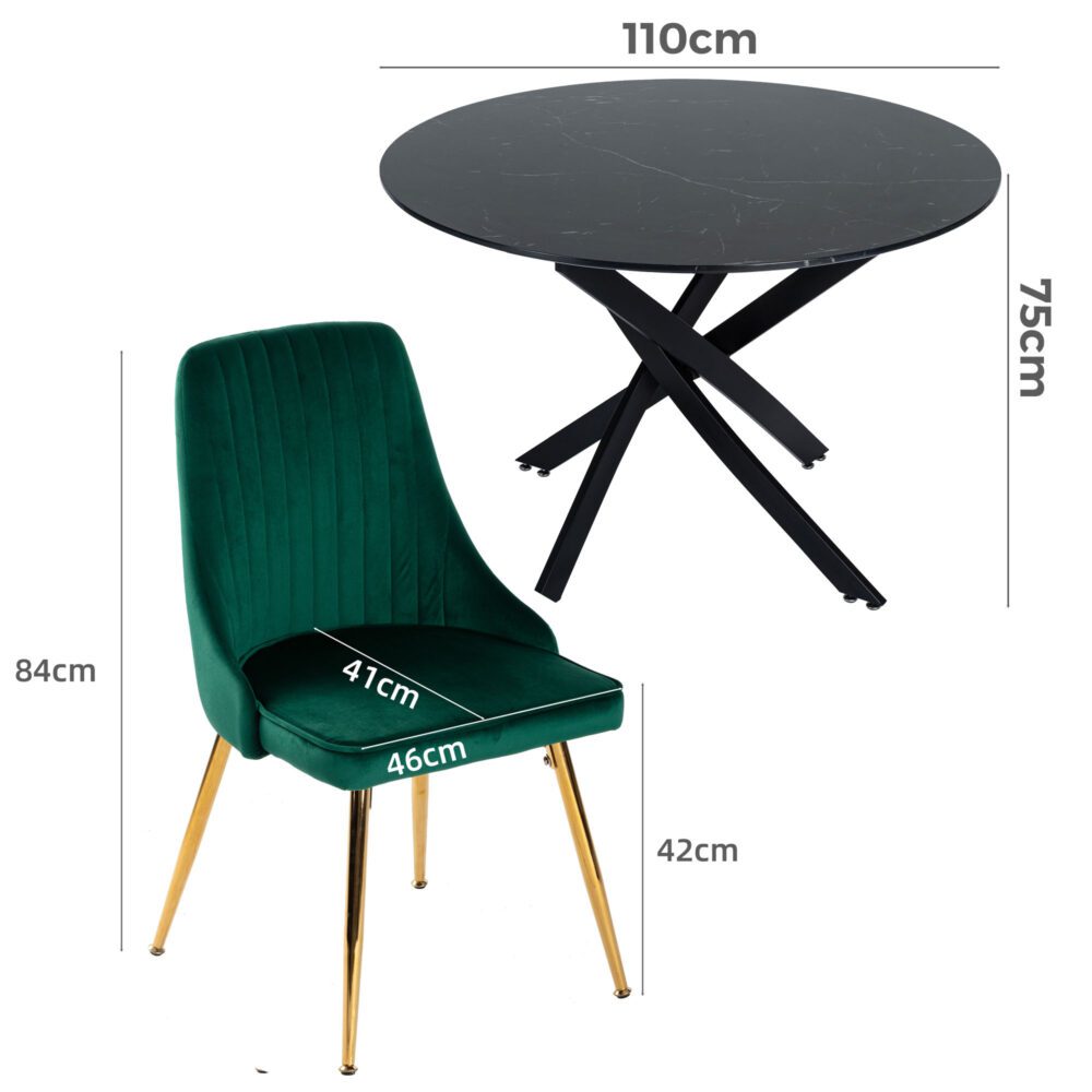 Black Round Marble-Effect Table and Chair Set Green Velvet