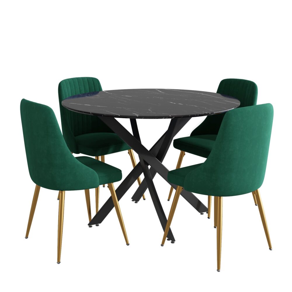 Black Round Marble-Effect Table and Chair Set Green Velvet