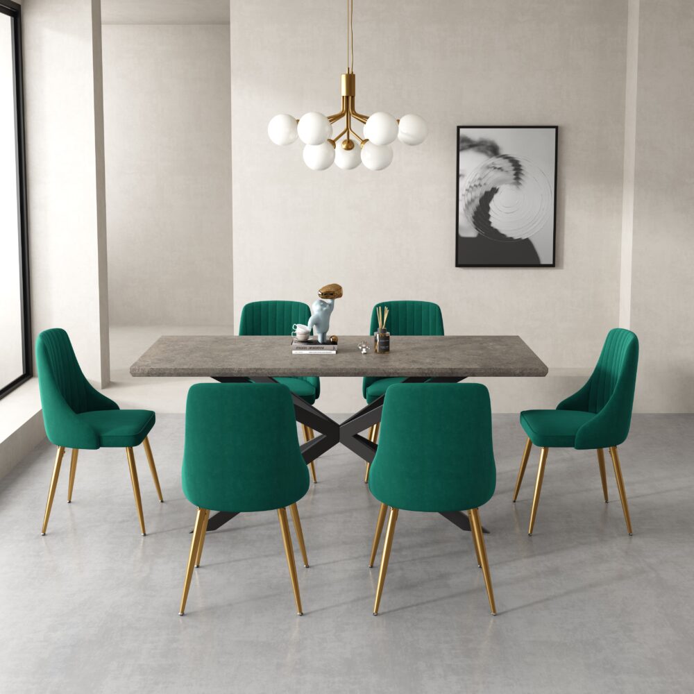Dining Set Rectangular Table with 6 Green Velvet Chairs
