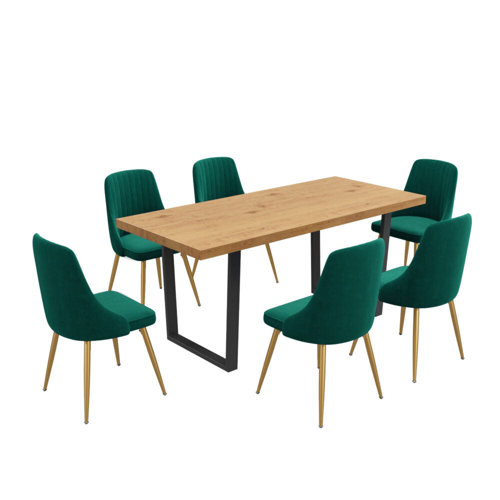 Dining Set Rectangle Natural Table with 6 Green Velvet Chair