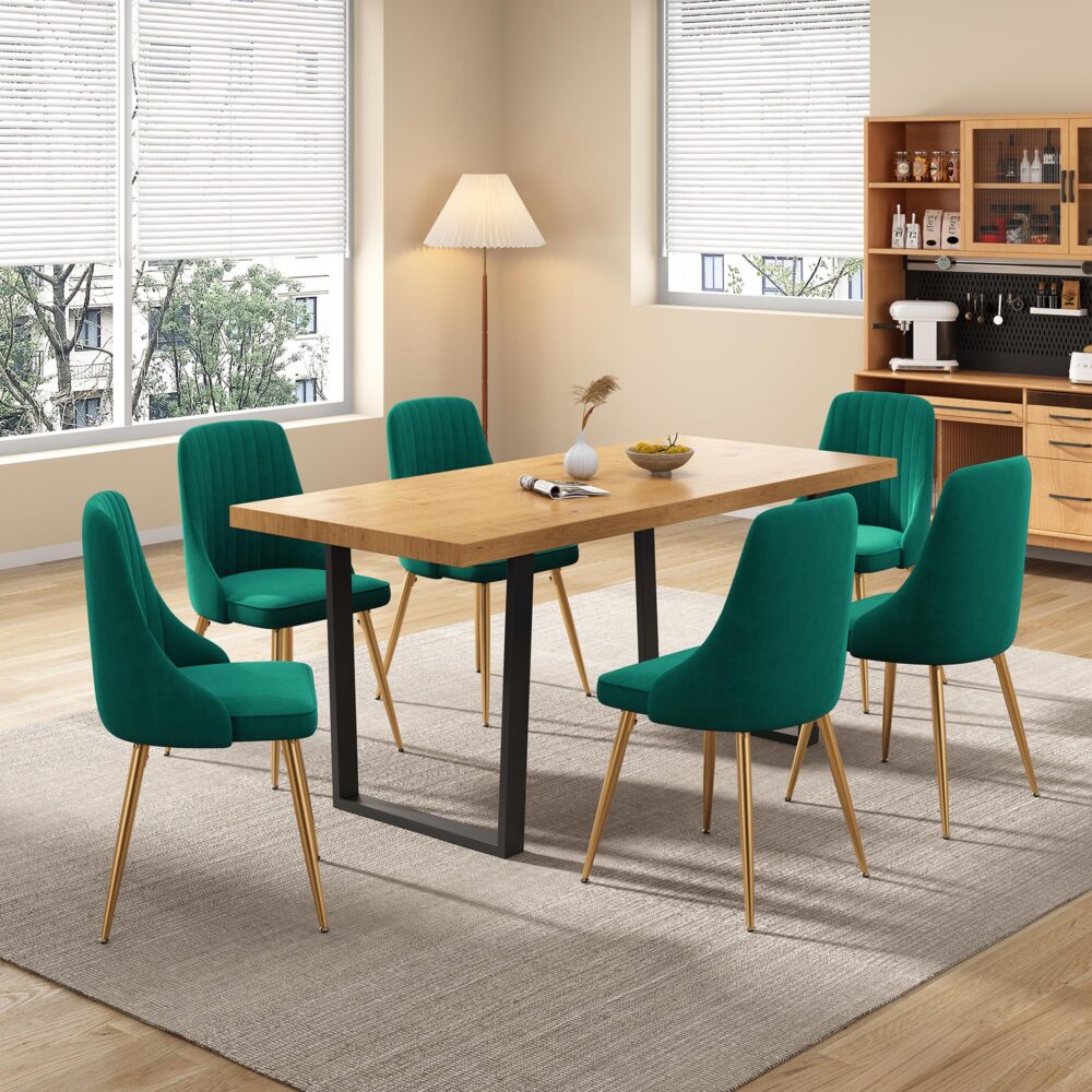 Dining Set Rectangle Natural Table with 6 Green Velvet Chair