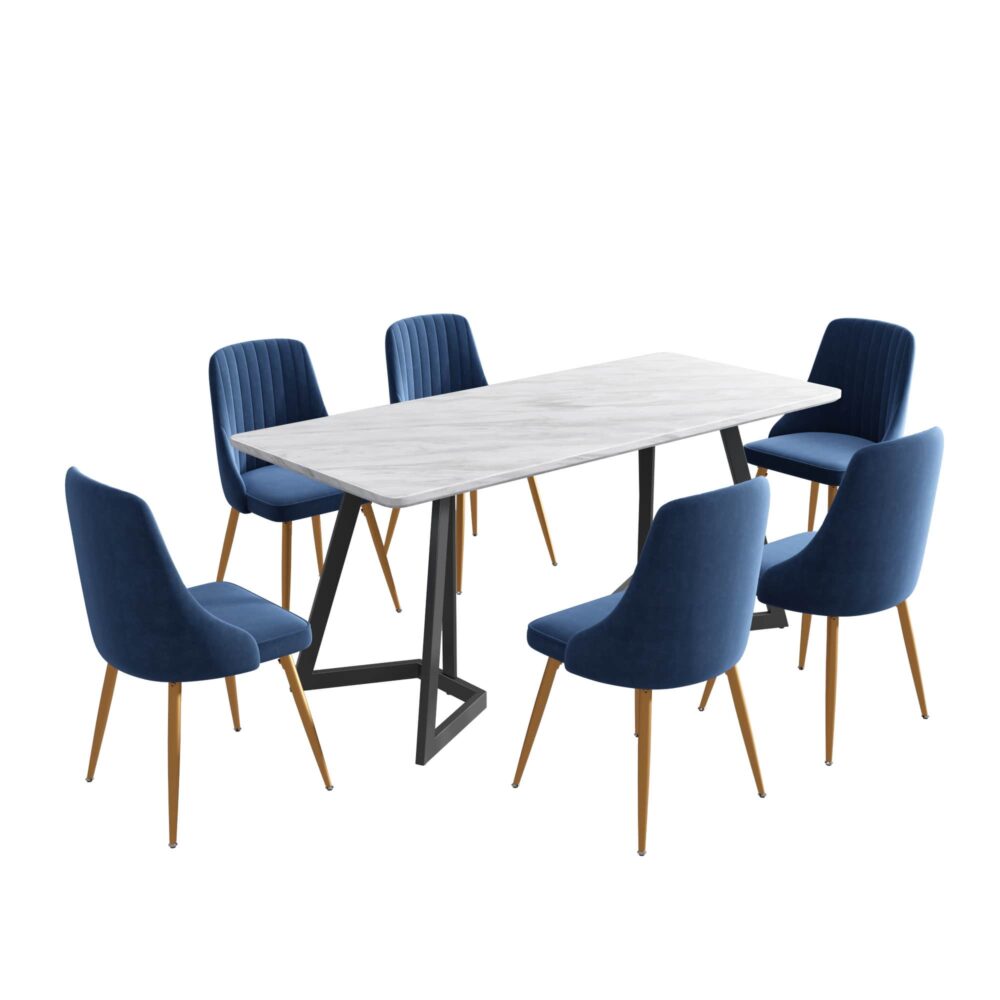 Rectangular Marble-Effect Table and Blue Velvet Dining Chair Sets