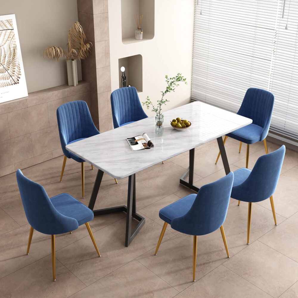 Rectangular Marble-Effect Table and Blue Velvet Dining Chair Sets
