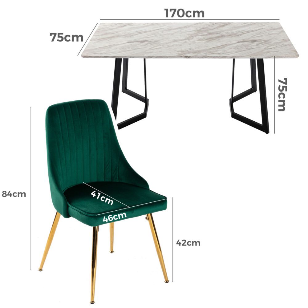 Rectangular Marble-Effect Table and Green Velvet Dining Chair Sets