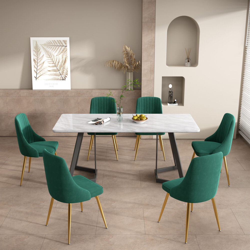 Rectangular Marble-Effect Table and Green Velvet Dining Chair Sets
