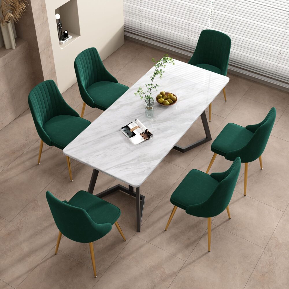 Rectangular Marble-Effect Table and Green Velvet Dining Chair Sets