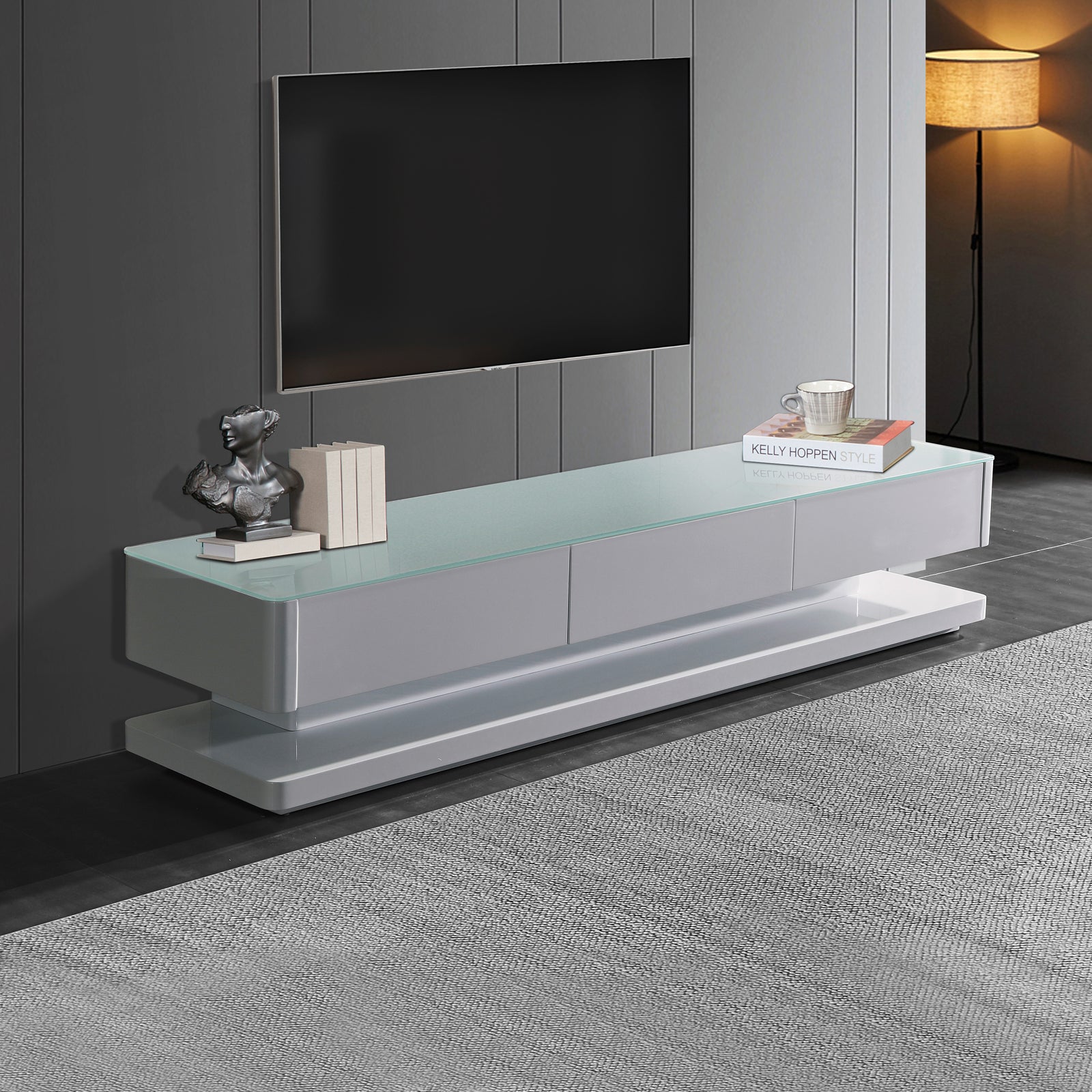 TV Cabinet with 3 Storage Drawers With High Glossy Assembled Entertainment Unit in White colour