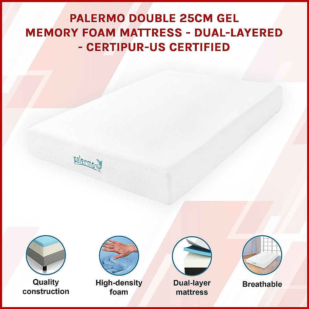 Palermo Double 25cm Gel Memory Foam Mattress  - Dual-Layered  - CertiPUR-US Certified