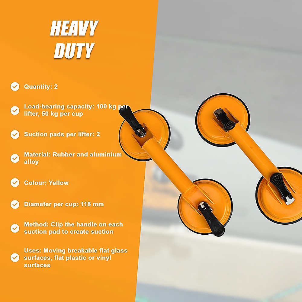 2x 100kg Aluminum Alloy Double Locking Suction Cup Glazer Glass Sucker Lifter