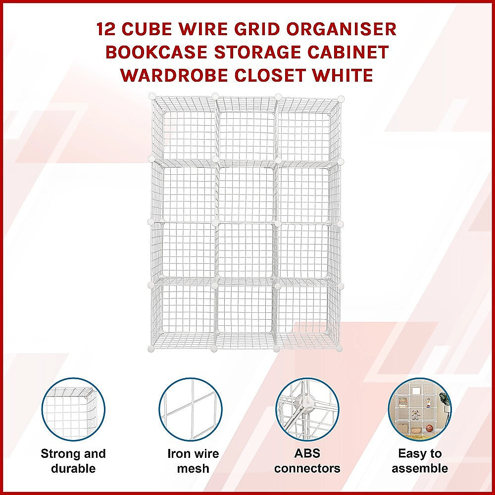 12 Cube Wire Grid Organiser Bookcase Storage Cabinet Wardrobe Closet White