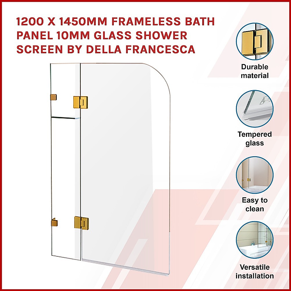 1200 x 1450mm Frameless Bath Panel 10mm Glass Shower Screen Gold Finish By Della Francesca