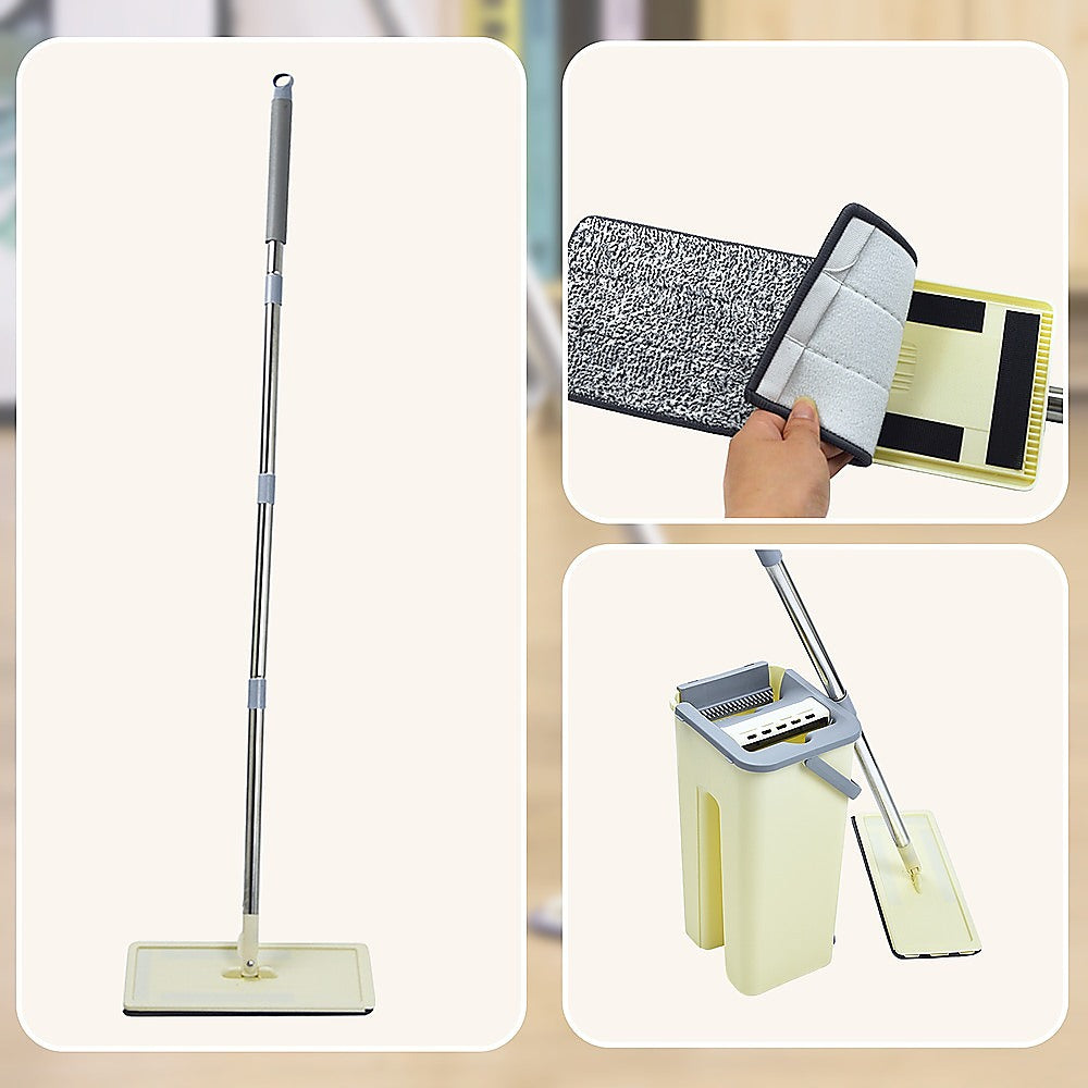 4x Microfiber Pads Flat Mop Bucket Kit 360 Rotating Self Wash Cleaning