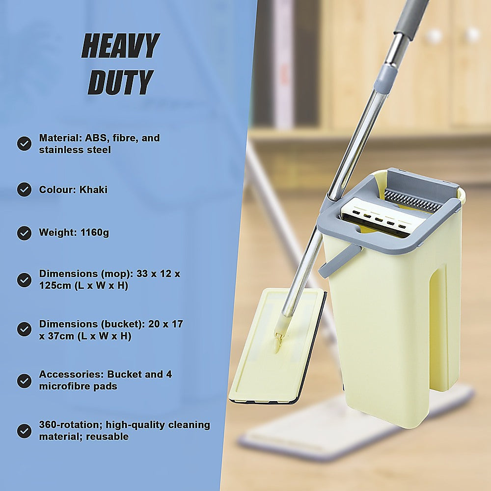 4x Microfiber Pads Flat Mop Bucket Kit 360 Rotating Self Wash Cleaning