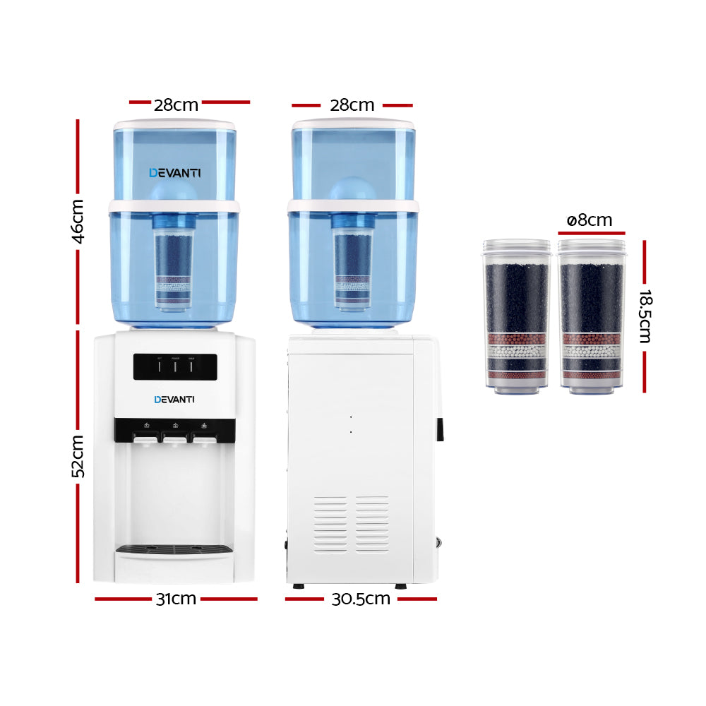 Devanti 22L Bench Top Water Cooler Dispenser Purifier Hot Cold Three Tap with 2 Replacement Filters