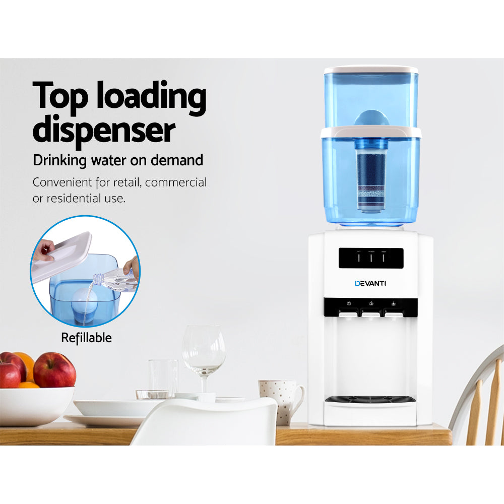 Devanti 22L Bench Top Water Cooler Dispenser Purifier Hot Cold Three Tap with 2 Replacement Filters