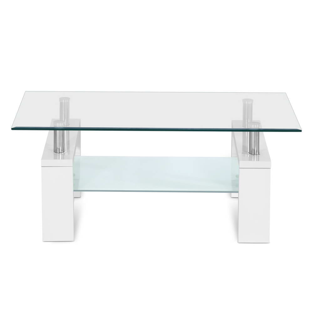 Artiss 2 Tier Coffee Table Tempered Glass Stainless Steel White