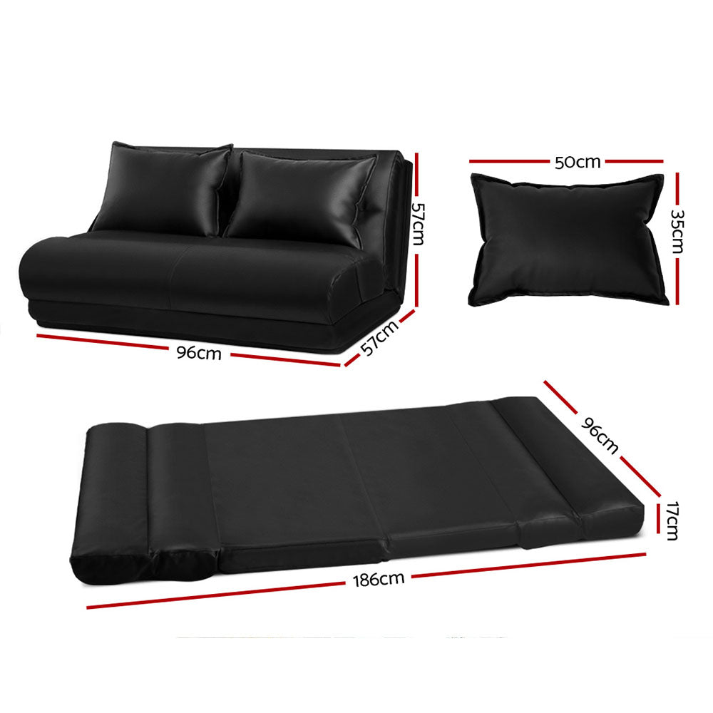 Artiss Lounge Sofa DOUBLE Floor Recliner Chaise Chair Folding PU leather Black