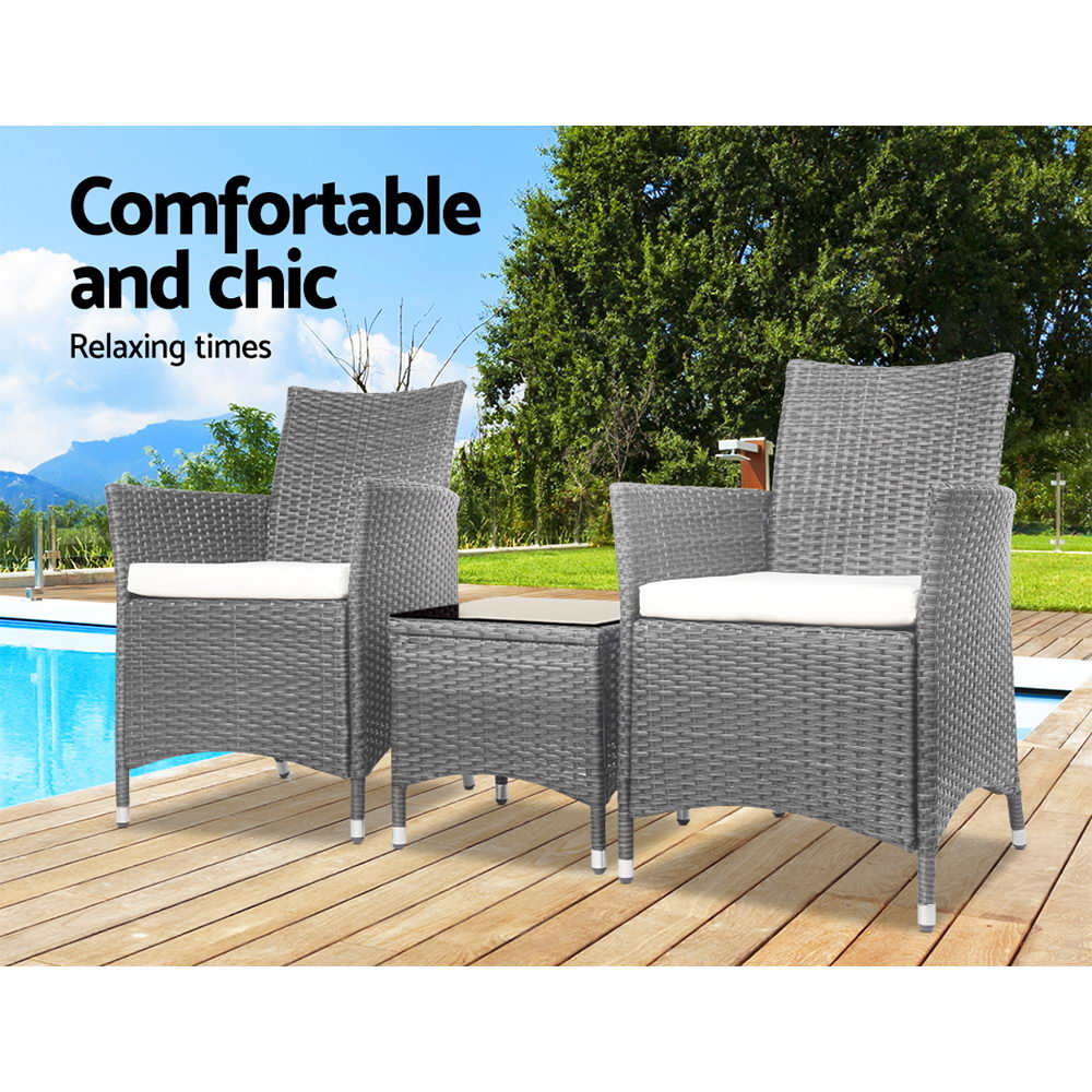 Gardeon 3pc Rattan Bistro Wicker Outdoor Furniture Set Grey