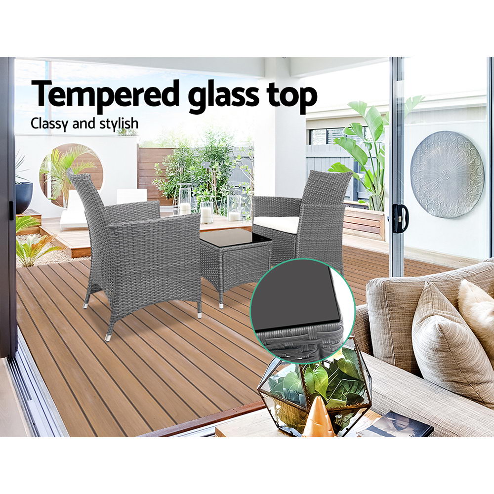 Gardeon 3pc Rattan Bistro Wicker Outdoor Furniture Set Grey