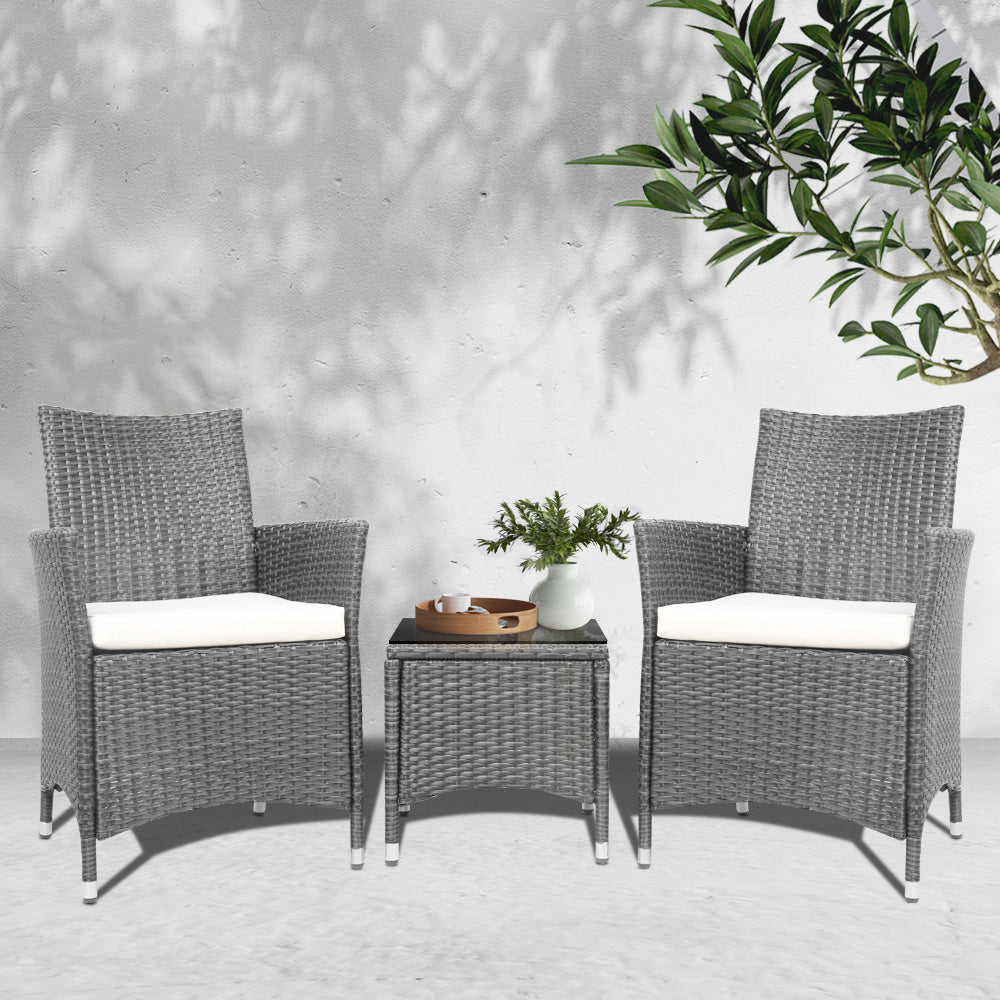 Gardeon 3pc Rattan Bistro Wicker Outdoor Furniture Set Grey