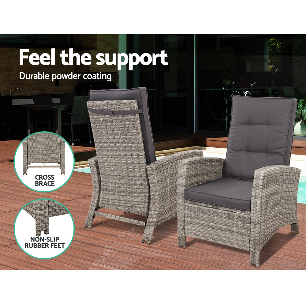 Gardeon Outdoor Setting Recliner Chair Table Set Wicker lounge Patio Furniture Grey
