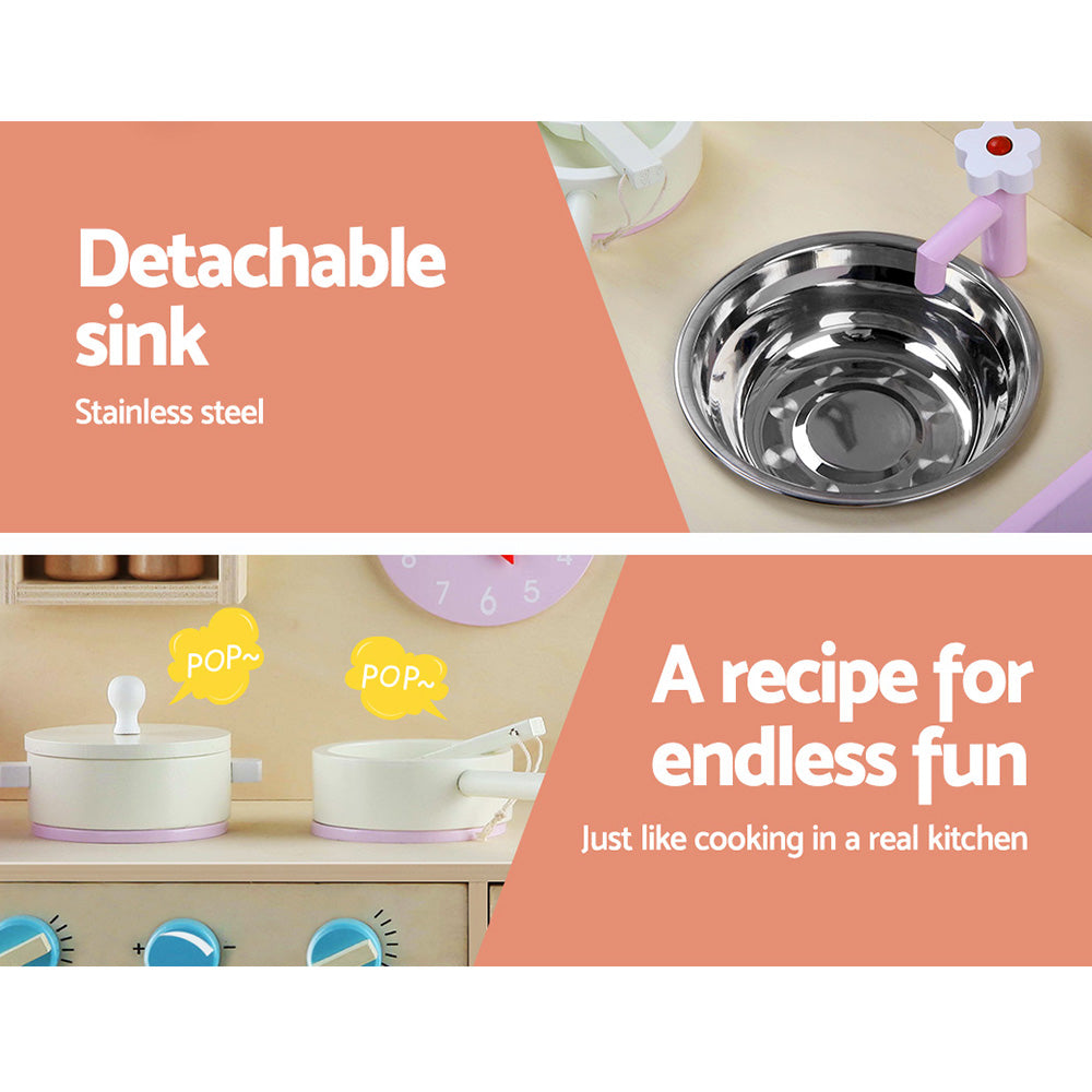 Keezi Kids Wooden Kitchen Play Set - Natural & Pink