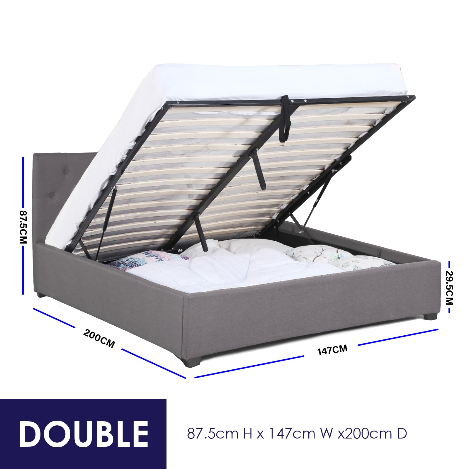 Milano Capri Luxury Gas Lift Bed Frame Base And Headboard With Storage - Double - Grey