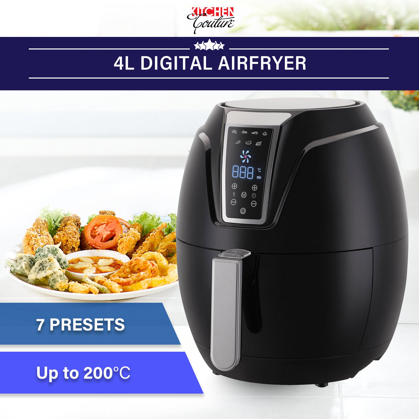 Kitchen Couture 4 Litre Air Fryer Digital Display Black 1400W Healthy Cooker Black