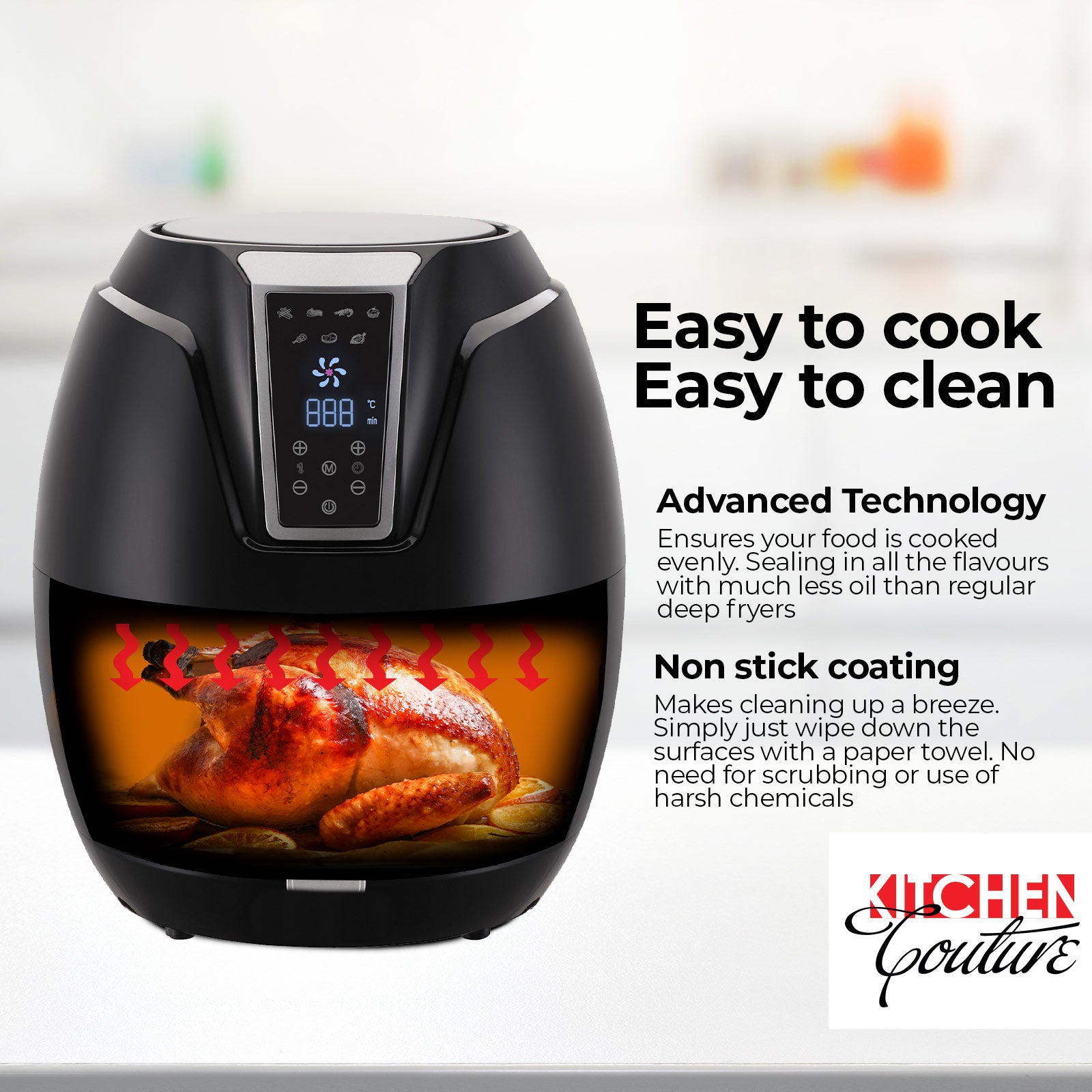 Kitchen Couture 4 Litre Air Fryer Digital Display Black 1400W Healthy Cooker Black