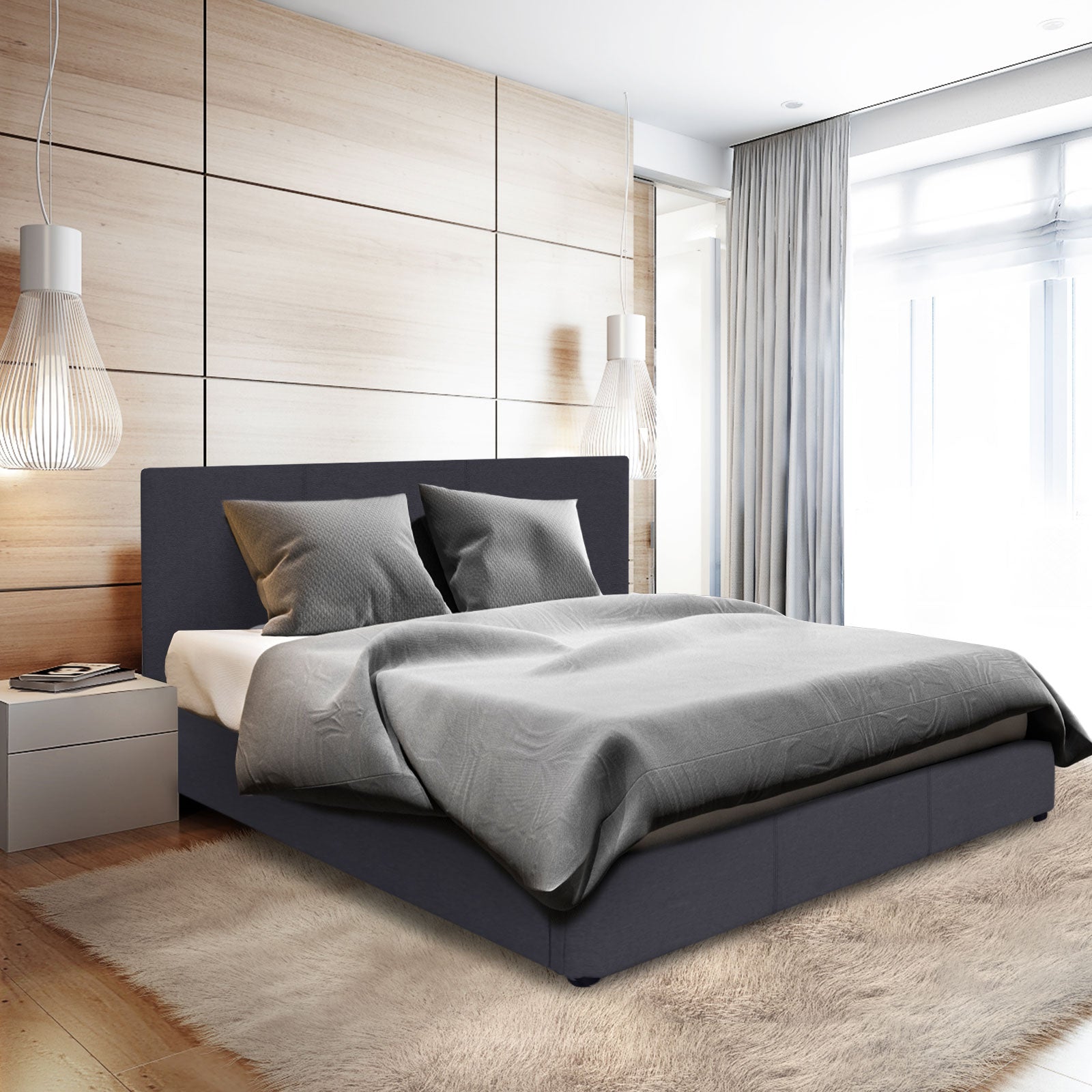 Milano Luxury Gas Lift Bed Frame And Headboard Double Queen King Black Dark Grey - Double - Dark Grey