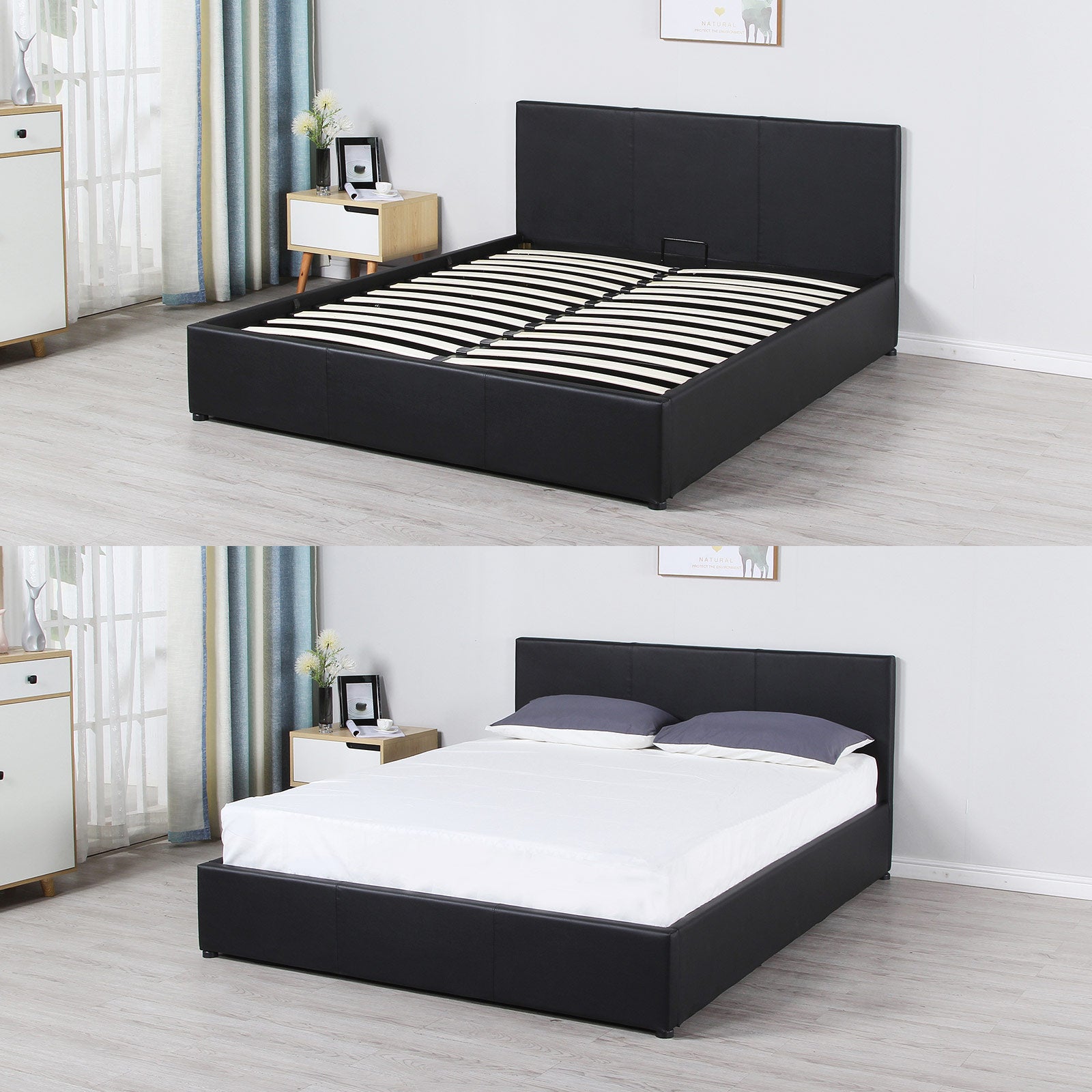 Milano Luxury Gas Lift Bed Frame And Headboard Double Queen King Black Dark Grey - Double - Black