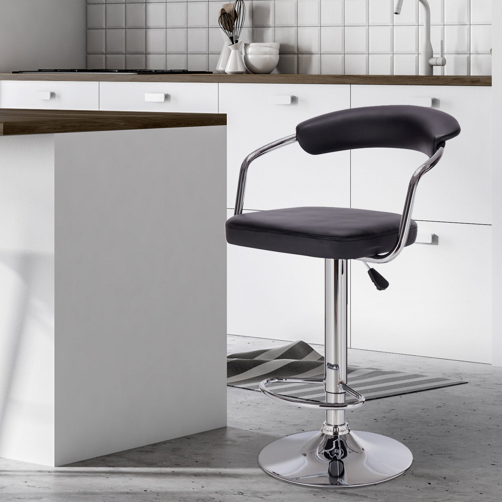 Milano Decor Lola Adjustable Barstool Black Swivel Stool Chrome PU Leather Black