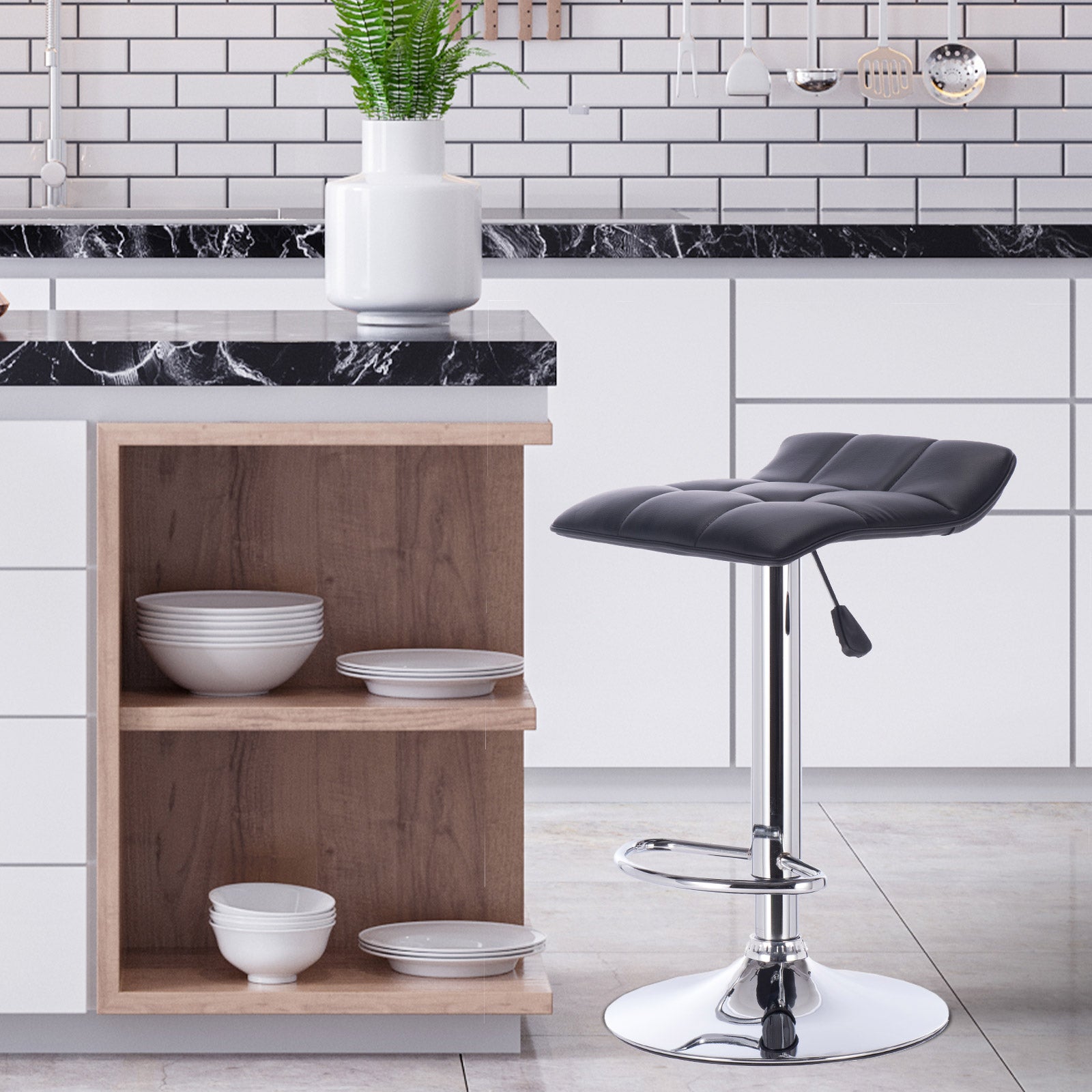 Milano Decor Daisy Adjustable Barstool Black Low Back Swivel Chrome PU Leather Black