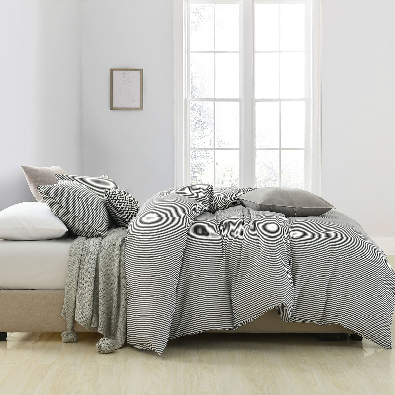 Royal Comfort Striped Flax Linen Blend Quilt Cover Set Soft Touch Bedding - King - Charcoal