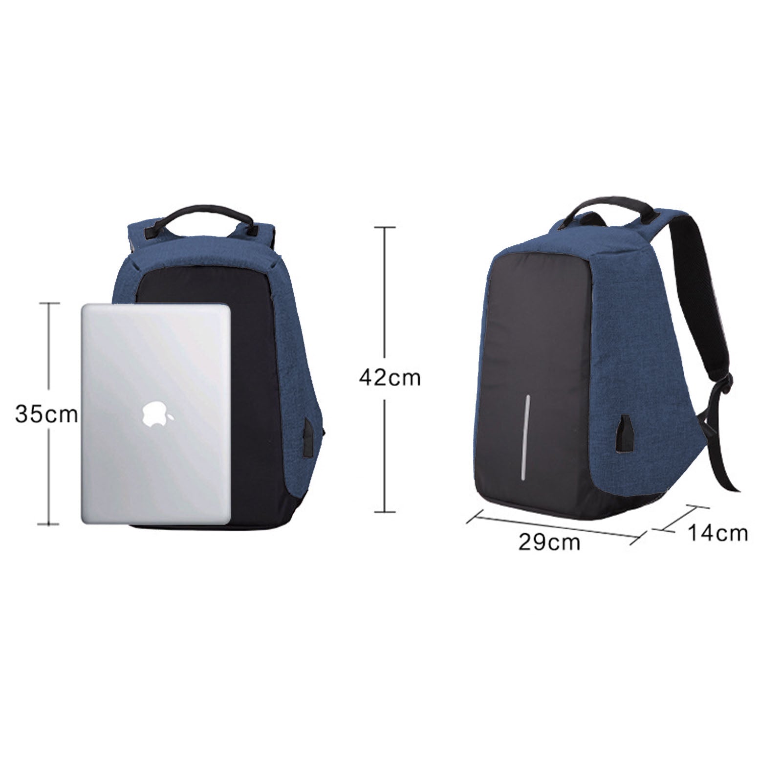 Anti Theft Backpack Waterproof bag School Travel Laptop Bags USB Charging - Blue